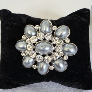 Silver Brooch Pin Silver Grey Faux Pearls And Clear Rhinestones